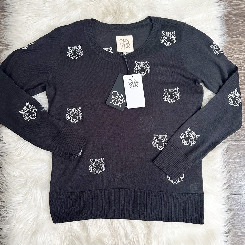 NWT Chaser Womens‎ Ebroidered Tiger Sweater Pullover Size XS Cotton Cashmere